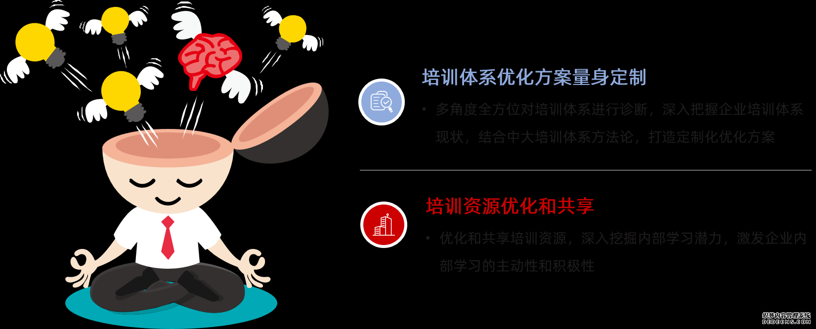 培訓體系優(yōu)化方案量身制定；培訓資源優(yōu)化和共享